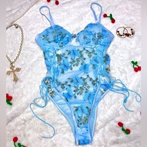 🎀🦋🌷 Ethereal Blue Butterfly Embroidery Sheer Lace Up Lingerie Bodysuit 🌷🦋🎀 NWT